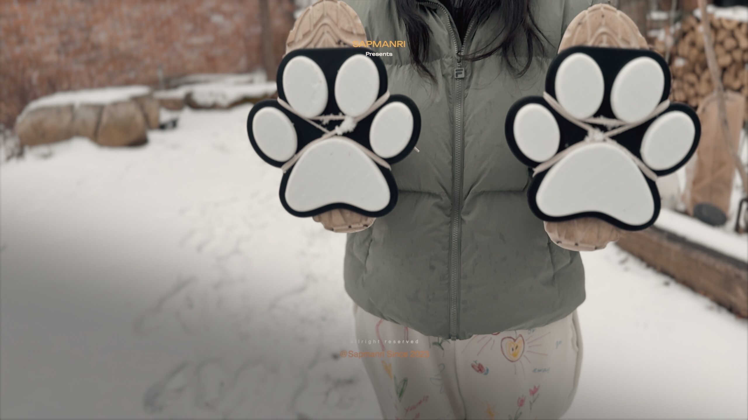 A person holding novelty overshoes with oversized cat-paw pads against a dark indoor floor.