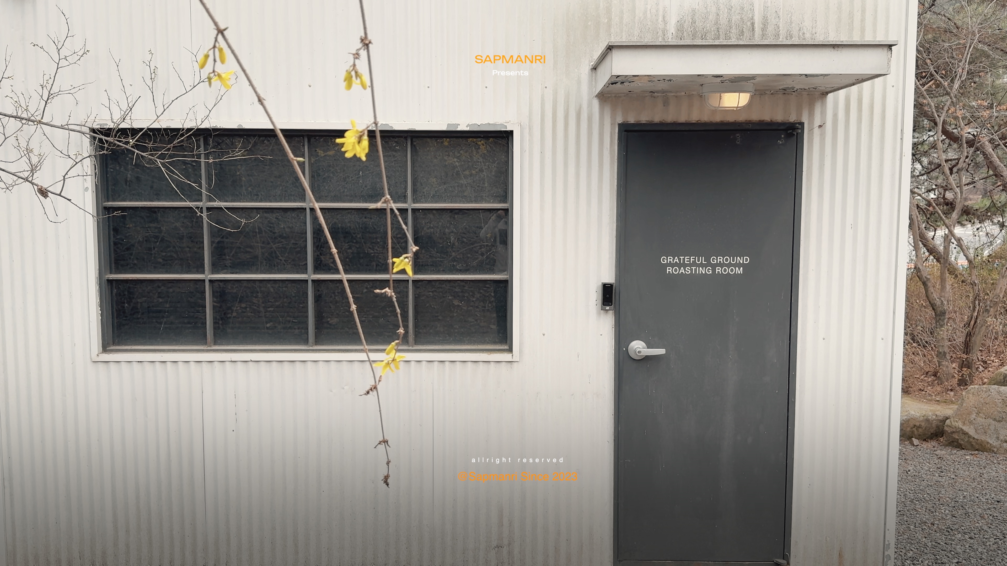A gray door marked Greatful Ground Roasting Room beside a dark window and early yellow blossoms.