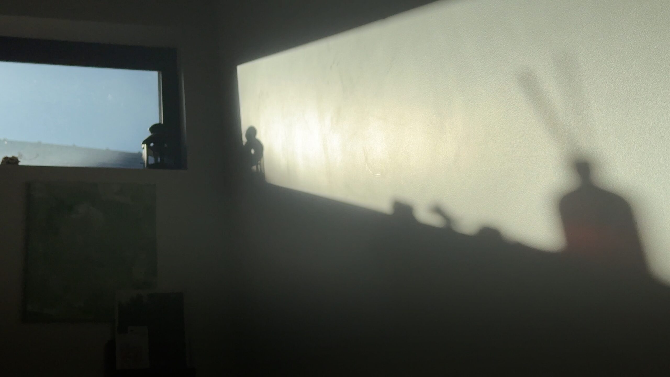 The shadows of two people and a small window cast across a sunlit interior wall.