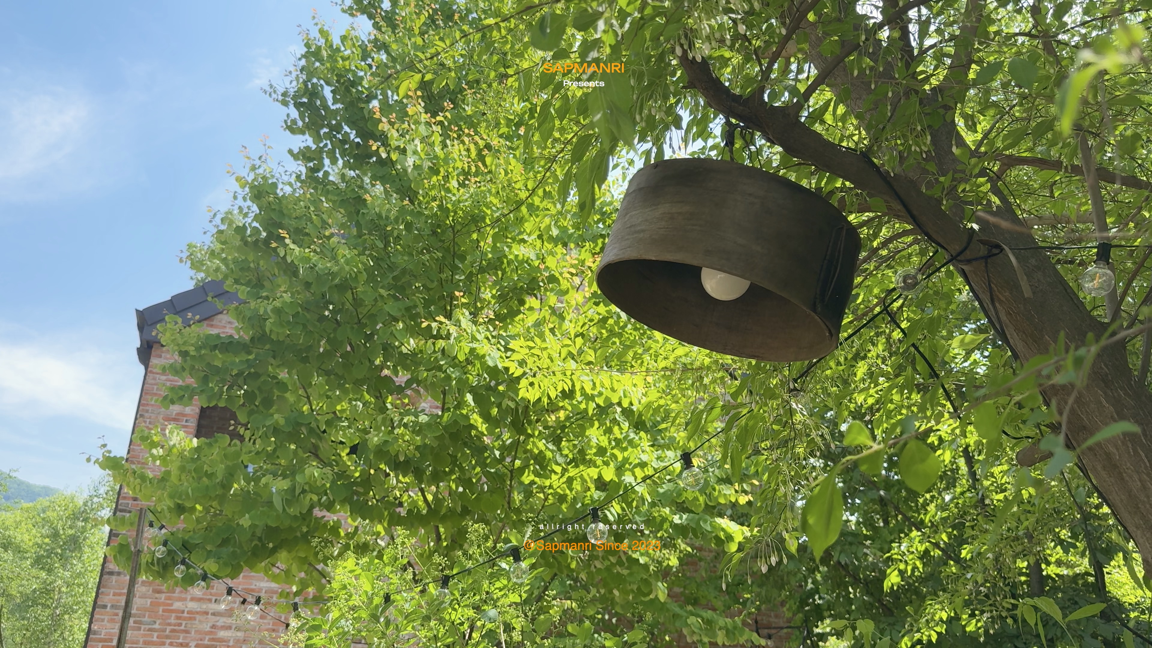 A large dark metal hanging lamp suspended among dense green leaves and small string lights.