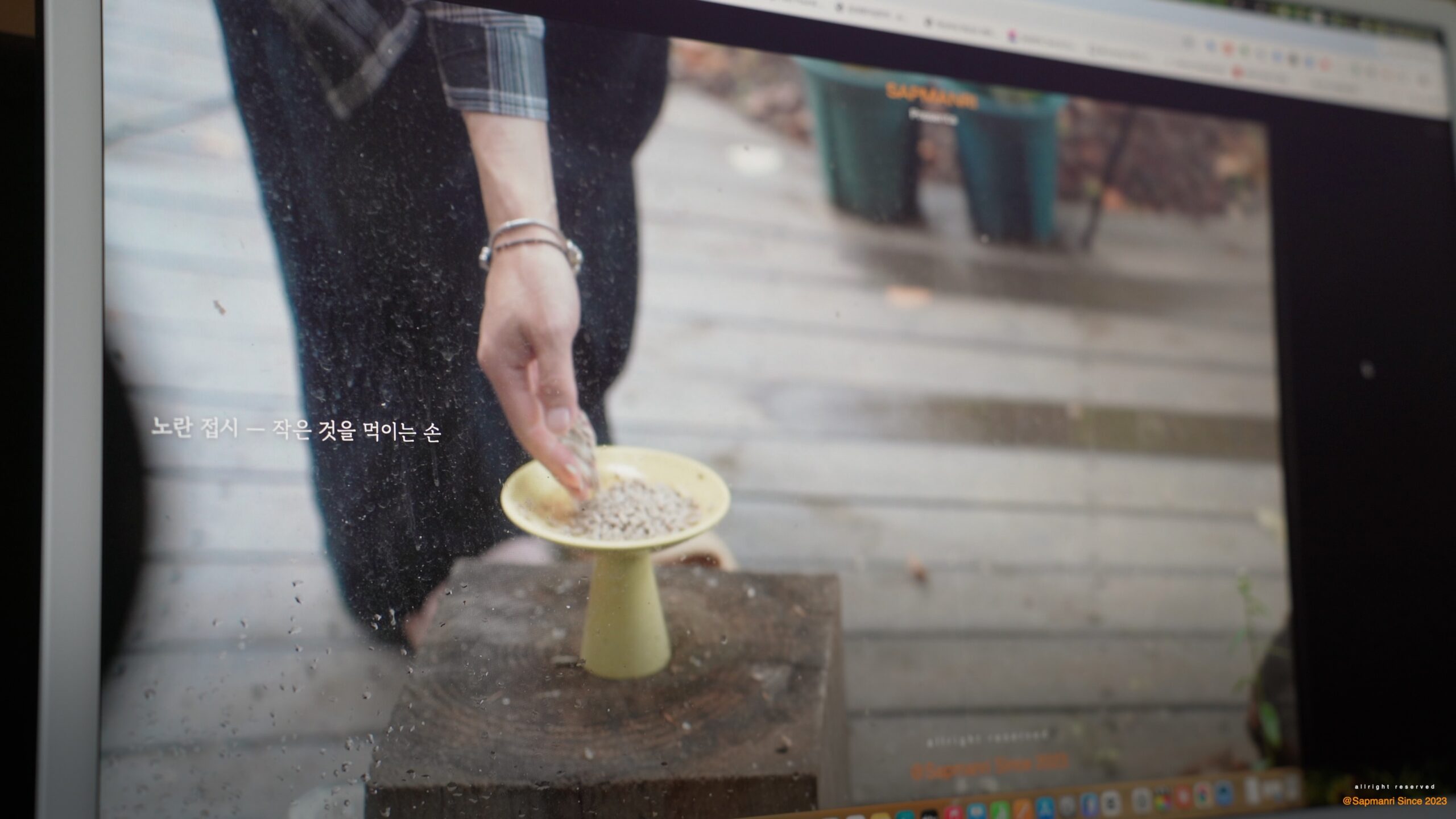 A desktop monitor displaying a Sapmanri webpage with a countryside video scene and surrounding interface panels.